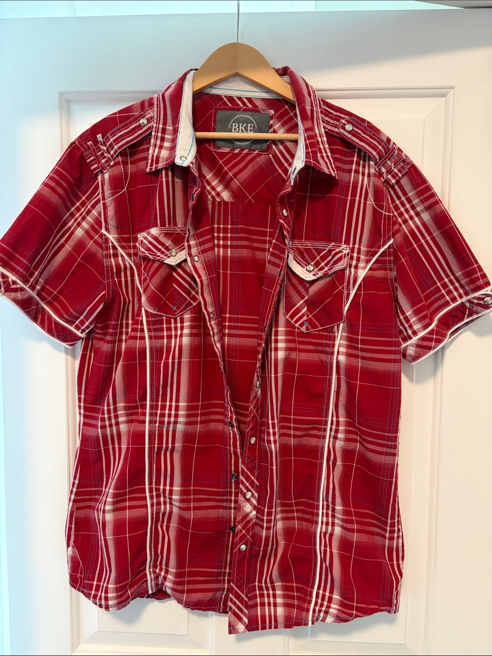 BKE Men's Red Plaid Short-Sleeve-Snap Shirt Size XXL Tailored Fit